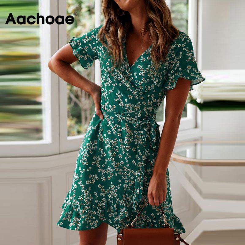 Aachoae Damen Kleider Sommer 2021 Sexy V-Ausschnitt Blumendruck Boho Strandkleid Rüschen Kurzarm A-Linie Minikleid Sommerkleid Robe