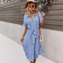 2021 Spring New Bandage Dress Women Casual Short Sleeve Button Floral Print Dress For Woman Summer Holiday Style Dress
