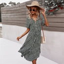 2021 Spring New Bandage Dress Women Casual Short Sleeve Button Floral Print Dress For Woman Summer Holiday Style Dress