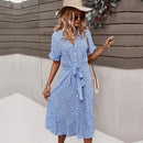 2021 Spring New Bandage Dress Women Casual Short Sleeve Button Floral Print Dress For Woman Summer Holiday Style Dress