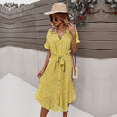 2021 Spring New Bandage Dress Women Casual Short Sleeve Button Floral Print Dress For Woman Summer Holiday Style Dress