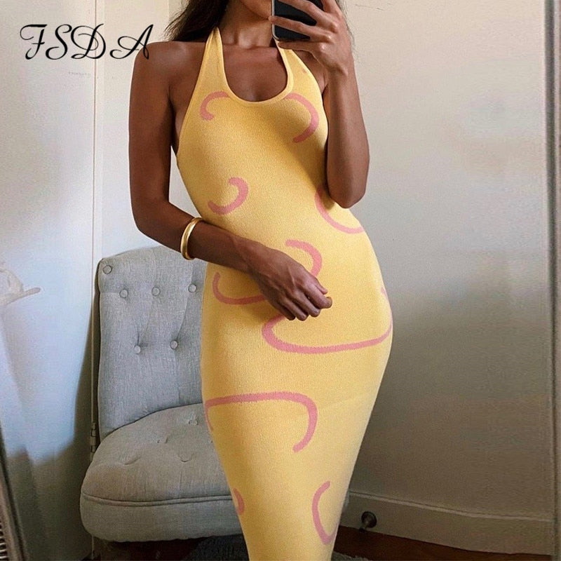FSDA 2021 vestido ajustado de punto para mujer Y2K cuello Halter verano amarillo sin mangas Midi espalda descubierta fiesta Sexy vestidos playa