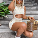 WJFZQM Sexy Bodycon vestido negro mujer verano caqui corto lápiz vestido fiesta Club ahueca hacia fuera acanalado sin mangas Mini vestidos cruzados