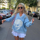 DiiWii  Hot Style Girls Top  V Neck Skull Print Loose   Long Sleeved Sweater