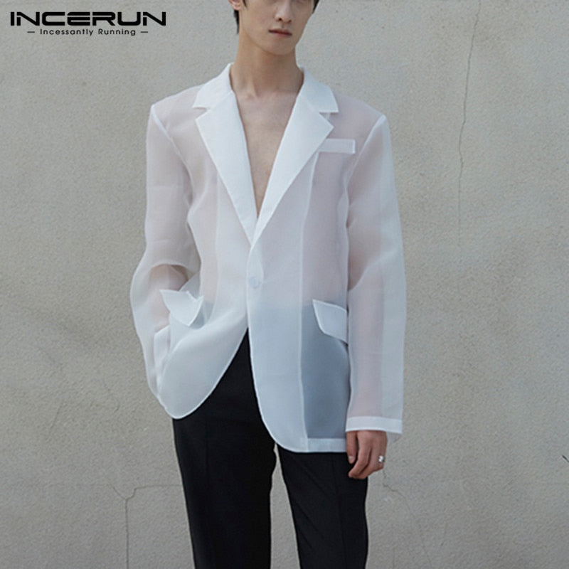 Fashion Men Mesh Blazers Transparent Lapel Long Sleeve Sexy Casual Coats 2021 One Button Streetwear Party Men Suit S-5XL INCERUN