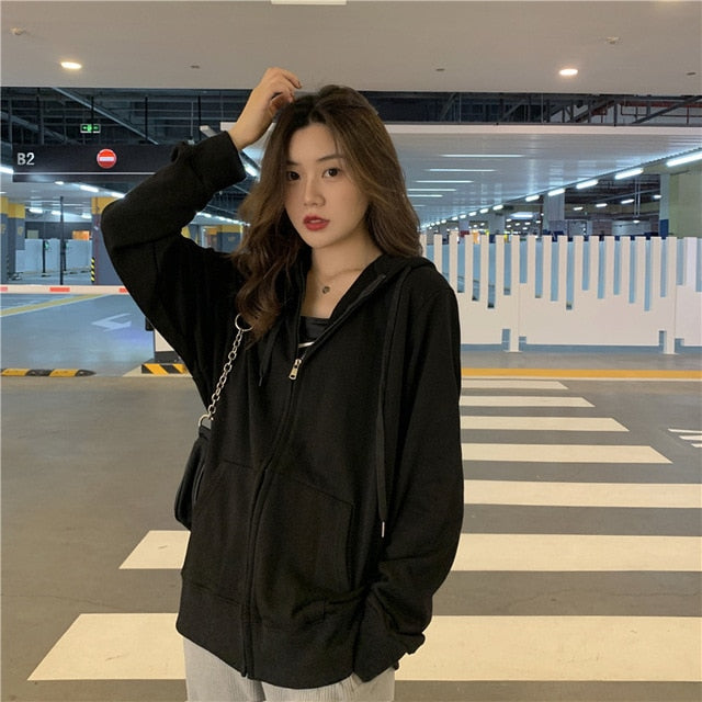 Zip up Women Korean Style hoodies For Girls Top Vintage Solid Long Sleeve Oversized Hooded Sweatshirt Jacket Casual Large Coats