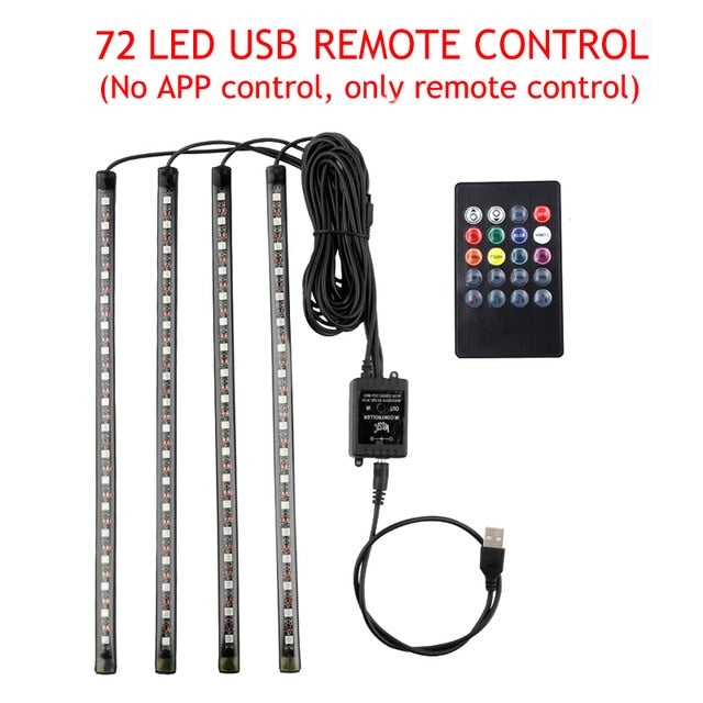 LED-Auto-Fußlicht-Ambientelampe mit drahtloser USB-Fernbedienung für Musiksteuerung, mehrere Modi, dekorative Innenbeleuchtung