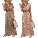 Fashion Boho Long Dress for Women V Neck Short Sleeve Paisley Print Belt Large Hem Beach Long Dress Elegant Women's Dress 2021