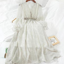 New Autumn V Neck Polka Dot Slim Chiffon Dress Button Puff Sleeve High Waist Elegant Women Mid-calf Dress