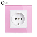 Coswall Wall Tempered Glass Panel Power Socket Grounded 16A EU Russia Spain Outlet With Children Protective Lock
