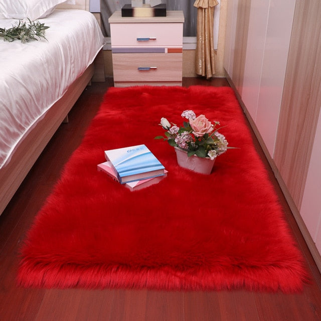 Plüsch-weiches Schaffell-Schlafzimmer-Teppich-Imitat-Wolle-Auflage-langes Haar-Nachttisch-Matte-Sofa-Kissen-weiße Teppich-roter Wohnzimmer-Pelz-Teppich