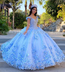 Light Sky Blue Vestidos de quinceañera Vestido de fiesta Hombro 3D Rose Flowers Puffy Sweet 16 Vestido Fiesta de celebridades Vestidos Graduación