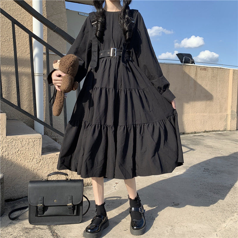 YBYR Japanisches Harajuku-Frauen-Schwarz-Midi-Kleid im gotischen Stil mit Hosenträgern, Verbandkleid, Vintage-Rüschen, langes Baggy-Cosplay-Kostüm