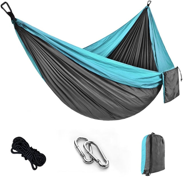 Hamaca portátil para acampar, cama colgante doble, hamaca de paracaídas de nailon ligero, supervivencia al aire libre, viajes, ocio, dormir