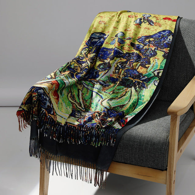 Luxusmarke Ölgemälde Kaschmirschal für Frauen Warmer Winter Pashmina Bedruckter Schal Foulard Femme Decke Schals Wraps
