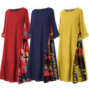 Summer Autumn Plus Size Women Dress Vintage O Neck 3/4 Sleeve Side Buttons Printed Loose Long Dress