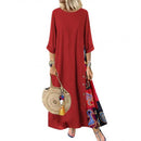 Summer Autumn Plus Size Women Dress Vintage O Neck 3/4 Sleeve Side Buttons Printed Loose Long Dress
