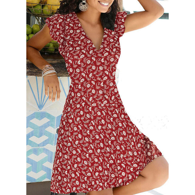 Nuevo vestido de fiesta de verano con cuello en V y estampado Floral para mujer, minivestido Vintage sin mangas sin mangas, vestido suelto de primavera de talla grande, vestido acampanado 2021