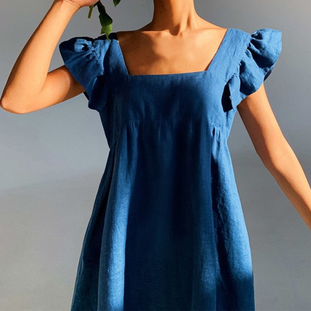Muiches Casual Square Collar Butterfly Sleeve Mini Sweet Dress Woman Backless High Waist Loose Linen Solid Dress 2021 Summer