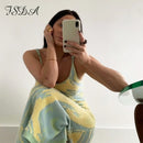 FSDA 2021 vestido ajustado de punto estampado mujer verde Y2K verano ahueca hacia fuera Sexy sin mangas Spaghetti Strap playa Midi vestidos de fiesta