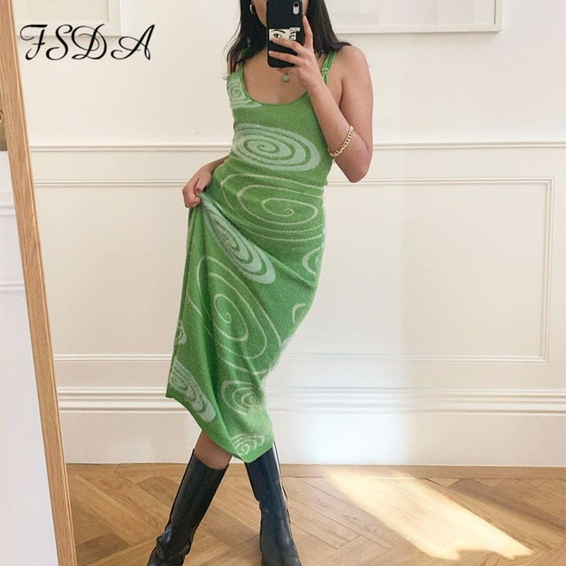 FSDA 2021 vestido ajustado de punto estampado mujer verde Y2K verano ahueca hacia fuera Sexy sin mangas Spaghetti Strap playa Midi vestidos de fiesta