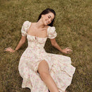 Summer Dress Women Short Puff Sleeve Flroal Printed Ruched Party High Split Long Maxi Dresses Drawstring Sexy Vestidos Sundress