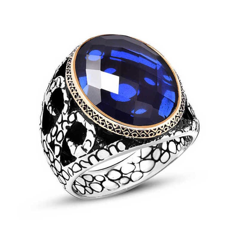 Silberner blauer Zirkon-Zirkonia-Mann-Ring