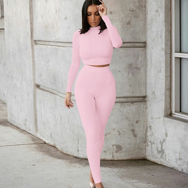2021 Summer Women Sport Fitness 2 Two Piece Set Outfits Long Sleeve Crop Tops Tshirt Leggings Pants Set Bodycon Tracksuit