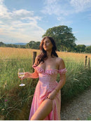 Summer Dress Women Short Puff Sleeve Flroal Printed Ruched Party High Split Long Maxi Dresses Drawstring Sexy Vestidos Sundress