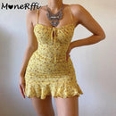 MoneRffi 2021 Summer V Neck Floral Print Dress Women Off Shoulder Ruffle Party Dress Sexy Lace-Up Backless Mini Dresses Vestidos