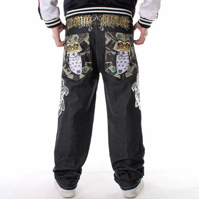 Men Street Dance Hiphop Jeans Fashion Embroidery Black Loose Board Denim Pants Overall Male Rap Hip Hop Jeans Plus Size 30-46