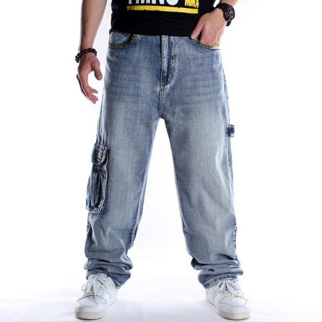 Hombres Street Dance Hiphop Jeans Moda Bordado Negro Suelto Tablero Pantalones de mezclilla General Hombre Rap Hip Hop Jeans Tallas grandes 30-46