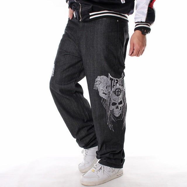 Men Street Dance Hiphop Jeans Fashion Embroidery Black Loose Board Denim Pants Overall Male Rap Hip Hop Jeans Plus Size 30-46