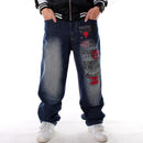 Männer Street Dance Hiphop Jeans Mode Stickerei Schwarz Loose Board Denim Hosen Insgesamt Männliche Rap Hip Hop Jeans Plus Größe 30-46