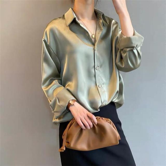 2021 New Spring Fashion Button Up Satin  Faux Silk Shirt Vintage Blouse Women White Lady Long Sleeves Female Loose Street Shirts