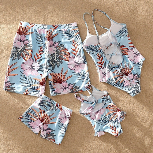 Family Look Leaf Swimsuits Mother Daughter Matching Swimwear Father Son Swim Shorts Mommy and Me Bathing Suits Clothes Outfits