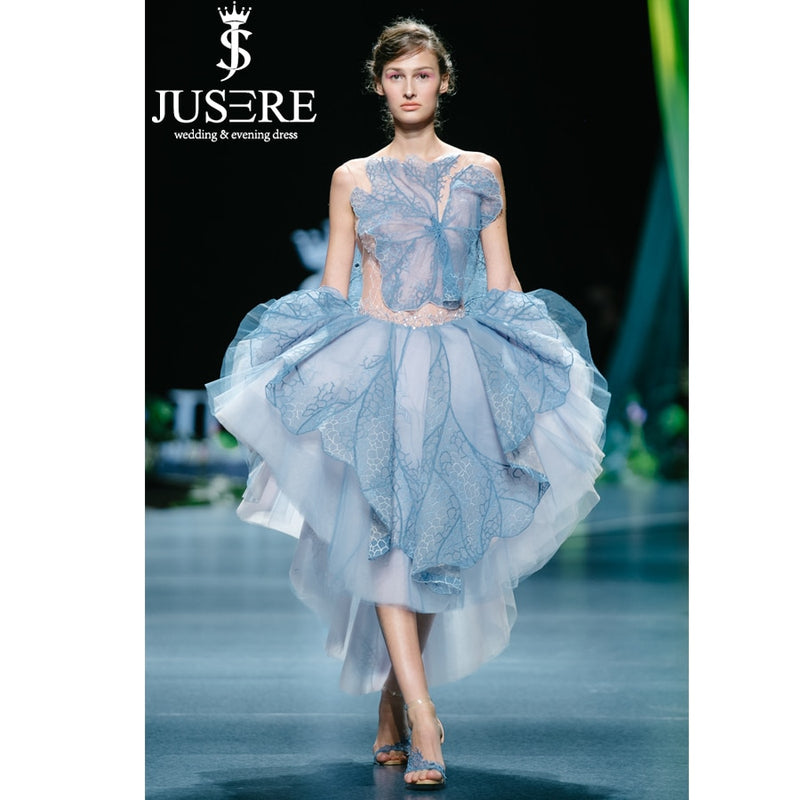 JUSERE FASHION SHOW Charming Blue Homecoming Dress Stickerei Durchsichtige Abschlusskleider Kurze Partykleider
