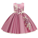 New Style Girl Wedding Party One-character Shoulder Suspender Dress Girl Bow Nail Pearl Flower Banquet Ball Dress vestidos