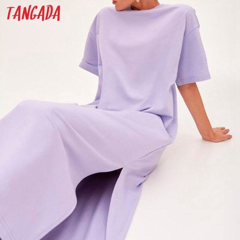 Tangada 2021 Elegantes Damen-Sweatshirtkleid aus 95 % Baumwolle, übergroßes, kurzärmliges, seitlich offenes Damen-Midikleid, 6L60