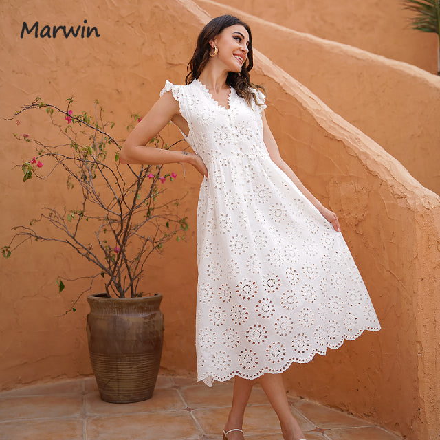 Marwin largo Simple Casual sólido ahueca hacia fuera el estilo de vacaciones de algodón puro de cintura alta de moda de media pantorrilla Vestidos de verano nuevos Vestidos