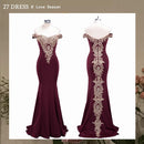 In Stock Mermaid Satin Wedding Party Dress Burgundy Long Lace Open Back Gold Lace Prom Gown Fashion Clothing Vestido de Festa