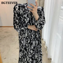 BGTEEVER 2021 Spring New Stand Collar Women Full Sleeve Dress Elegant Hit Color Female Lace-up Printed Midi Dress Vestidos