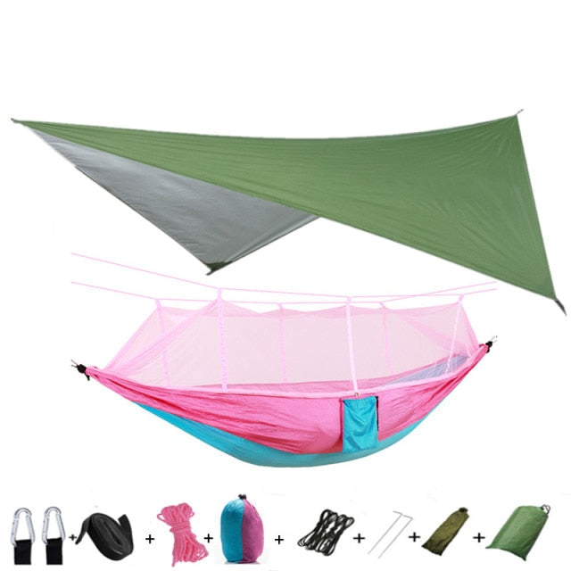 Tragbare Camping-Hängematte mit Moskitonetz, Regenfliege und Baumgurten für drinnen, draußen, Rucksackreisen, Reisen, Strand, Wandern