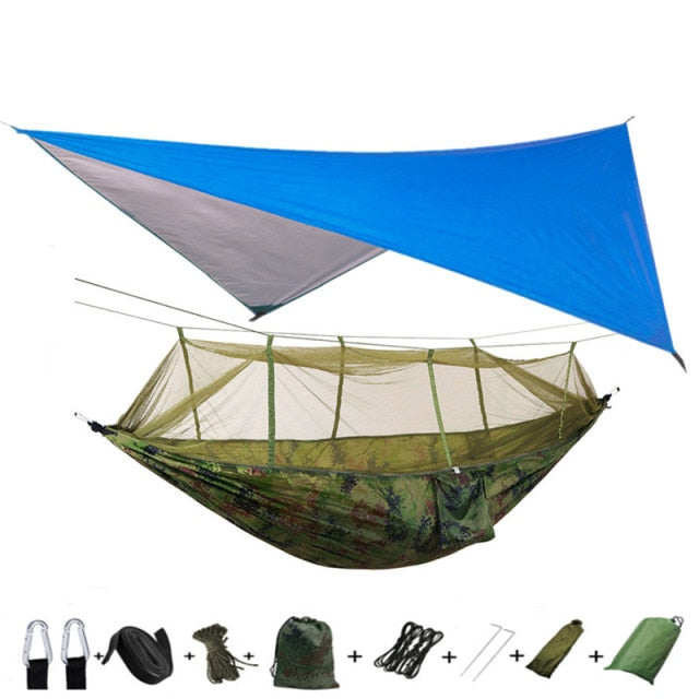 Tragbare Camping-Hängematte mit Moskitonetz, Regenfliege und Baumgurten für drinnen, draußen, Rucksackreisen, Reisen, Strand, Wandern