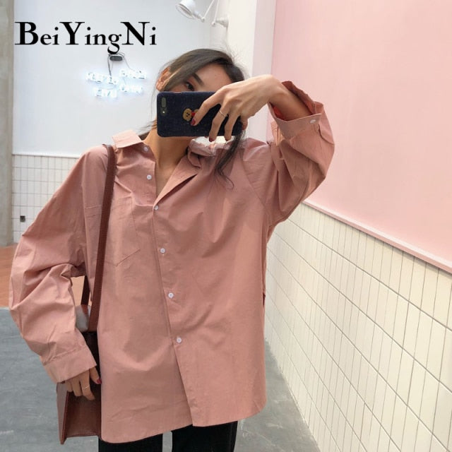Beiyingni 2020 Frühling Herbst Frauen Shirts Weiß Plain Lose Übergroße Blusen Weibliche Tops Lose BF Koreanischen Stil Blusas Taschen