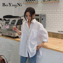 Beiyingni 2020 Frühling Herbst Frauen Shirts Weiß Plain Lose Übergroße Blusen Weibliche Tops Lose BF Koreanischen Stil Blusas Taschen