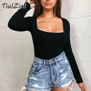 TiulZial Square Collar Langarm Bodycon Bodysuit für Frauen Herbst Weiß Frauen Bodysuit Winter Casual Body Female Top Schwarz