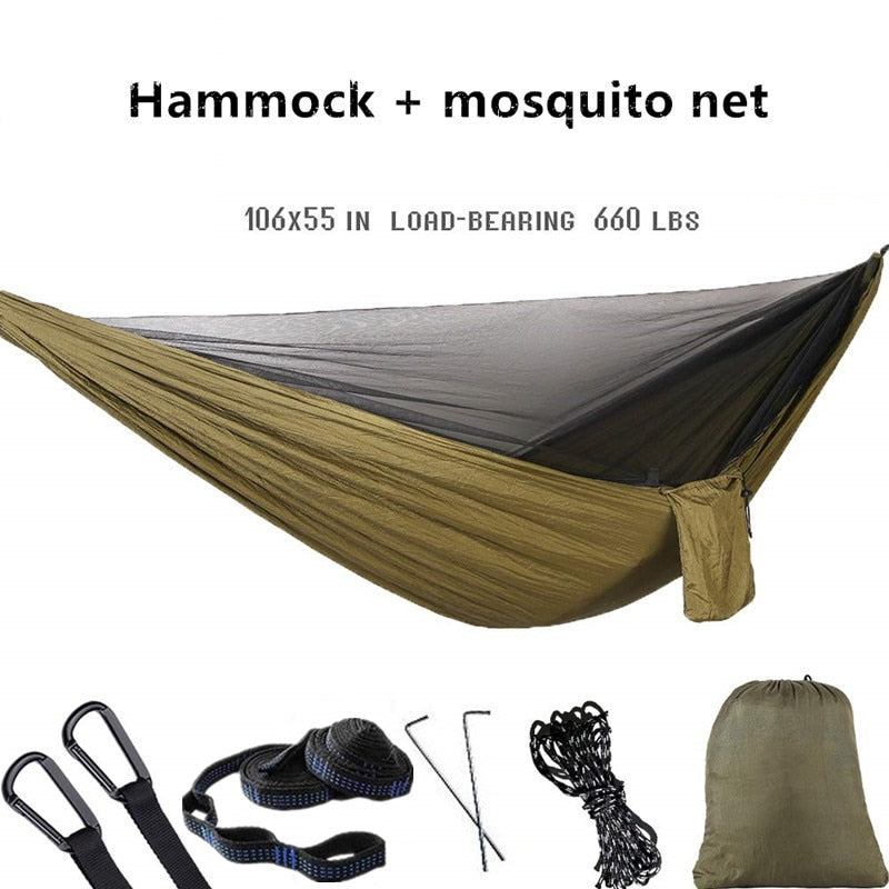 Hamaca para acampar con mosquitera Hamaca doble Hamaca de viaje, Hamaca para mochilero Paracaídas portátil 5 + 1 Hamaca con correa de anillo