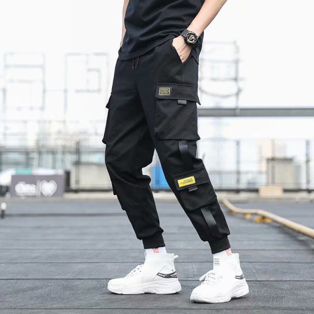 Herren Seitentaschen Cargo Haremshose 2021 Bänder Schwarz Hip Hop Lässige Männliche Joggerhose Mode Lässige Streetwear Hosen