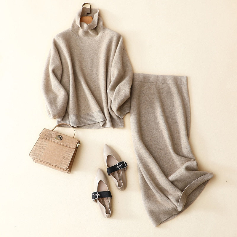 luxury winter thick 100% cashmere warm turtleneck sweater plus elegant shirt 2 piece set